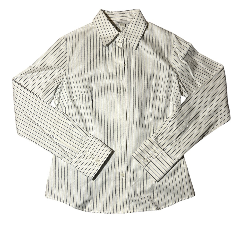 Zara Basic White Striped Button Down Shirt Size M… - image 1
